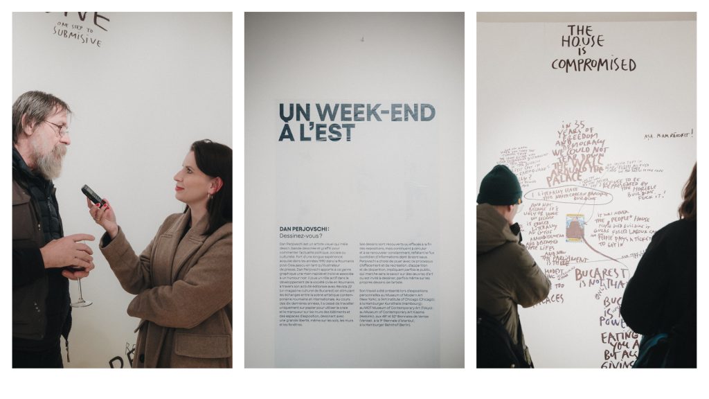 Dan Perjovschi și Alexandra Tănăsescu la vernisajul expoziției de la Paris/ foto: Nicolae Anghel