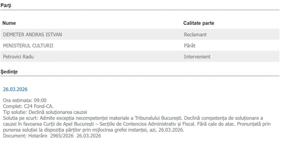 Soluția Tribunalului București în procesul lui Andras Demeter cu Ministerul Culturii