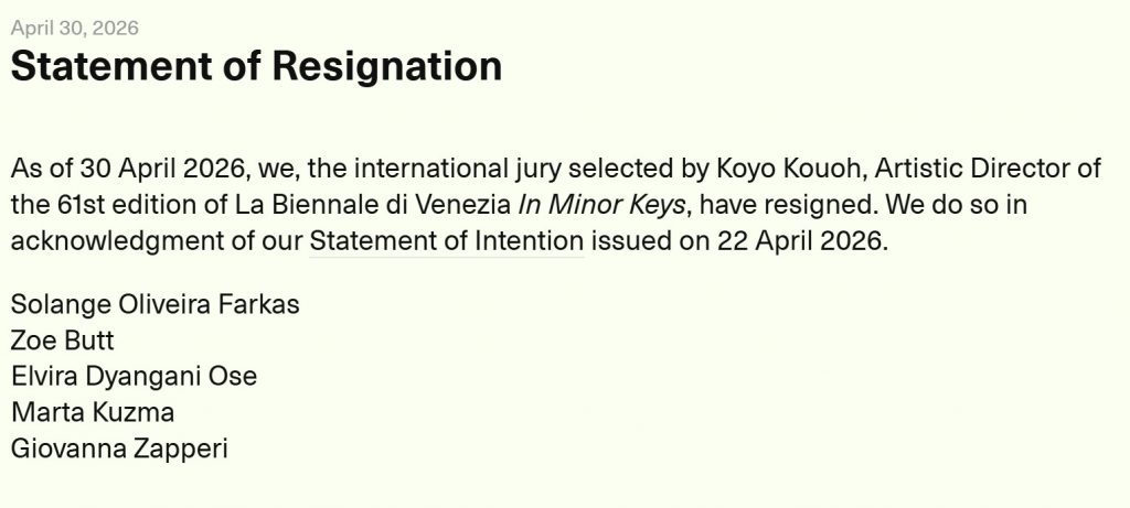 Demisia Juriului Internațional al Bienalei de la Veneția