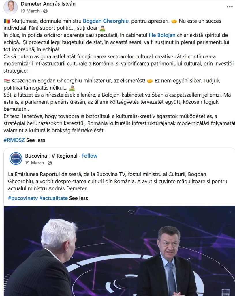 Postarea lui Andras Demeter referitoare la Bogdan Gheorghiu, 19 martie 2026