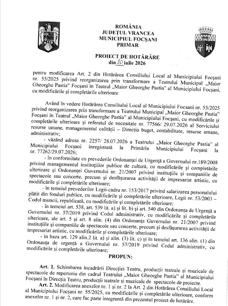 Proiect de hotărâre pentru transformarea Teatrului Municipal Focșani în teatru de spectacole și proiecte/ foto: Cultura la dubă